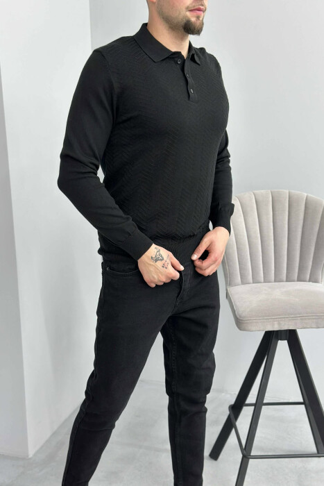POLO BUTTONED NECK ONE COLOR MEN SWEATER BLACK/ E ZEZE - 4