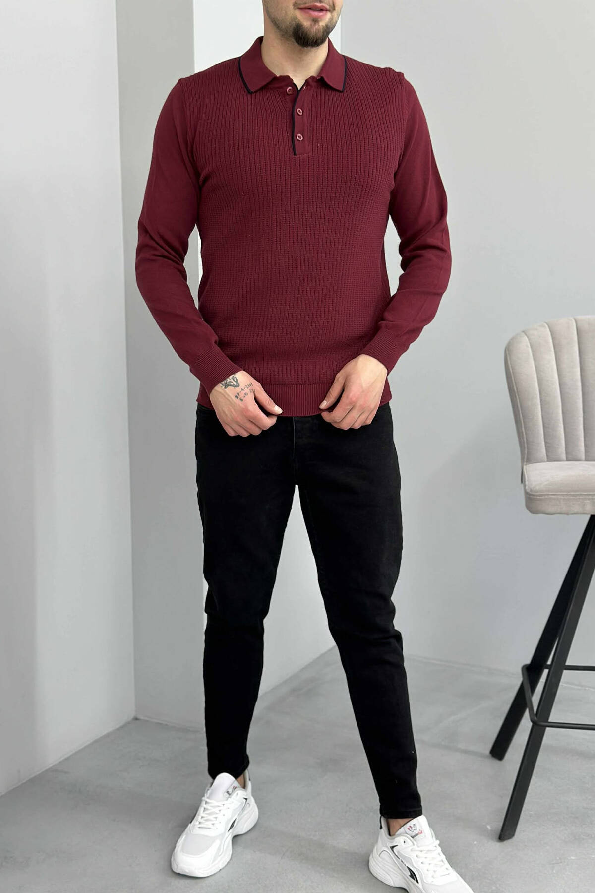 POLO BUTTONED NECK ONE COLOR MEN SWEATER BURGUNDY/VISHNJE SWEATER