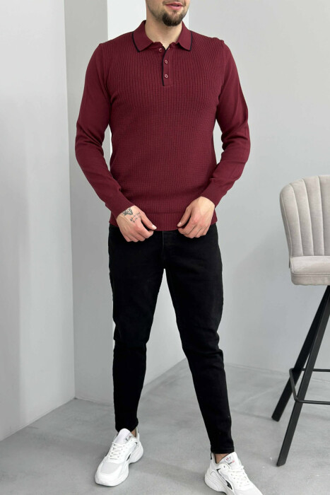 POLO BUTTONED NECK ONE COLOR MEN SWEATER BURGUNDY/VISHNJE 