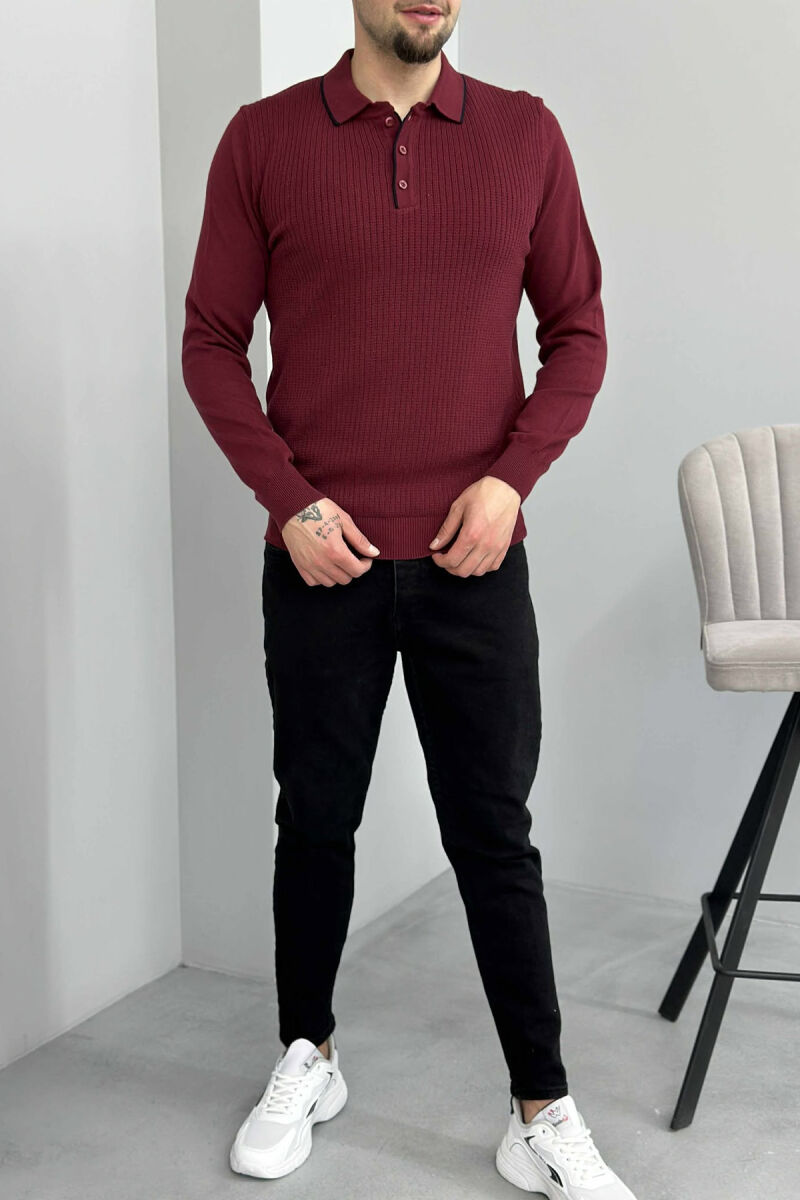 POLO BUTTONED NECK ONE COLOR MEN SWEATER BURGUNDY/VISHNJE - 1