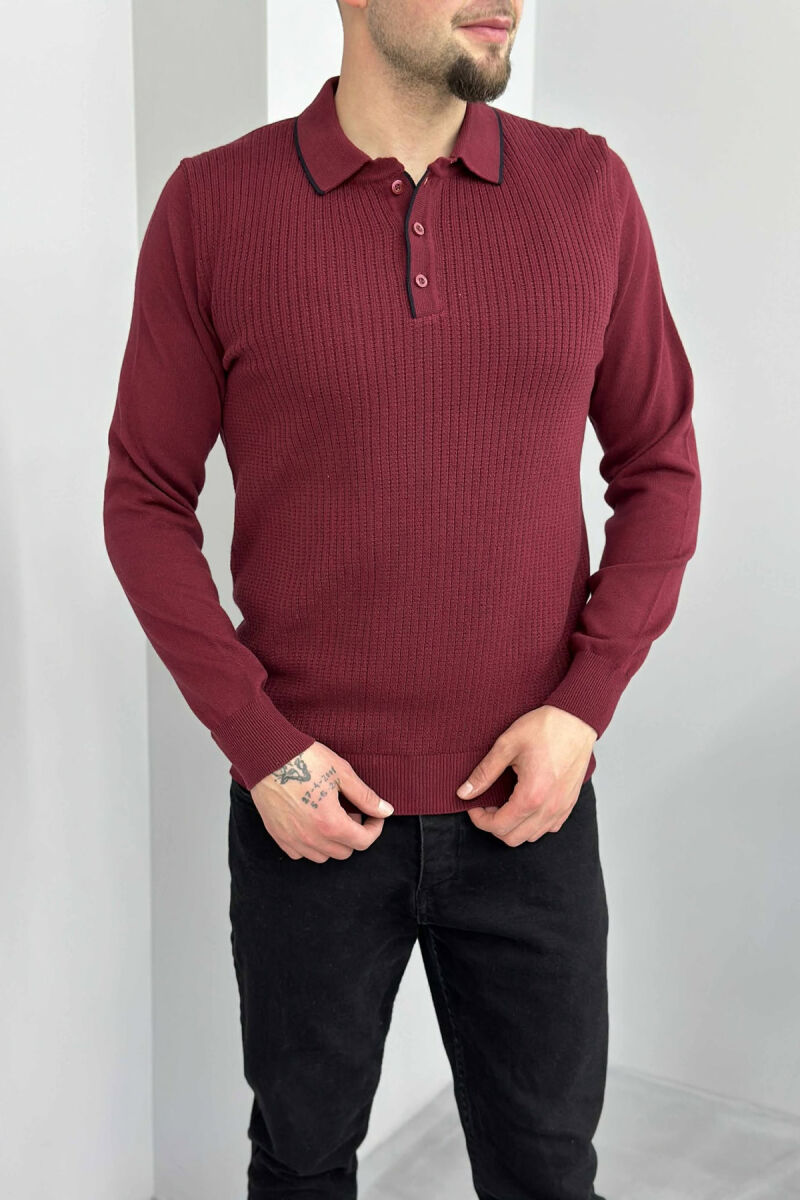 POLO BUTTONED NECK ONE COLOR MEN SWEATER BURGUNDY/VISHNJE - 2