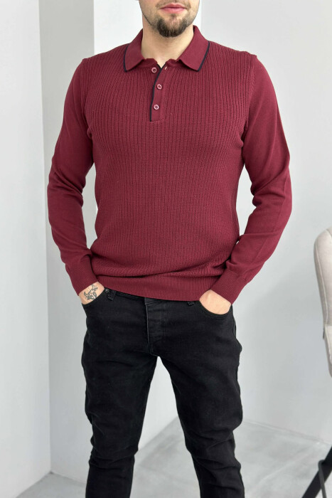 POLO BUTTONED NECK ONE COLOR MEN SWEATER BURGUNDY/VISHNJE - 3