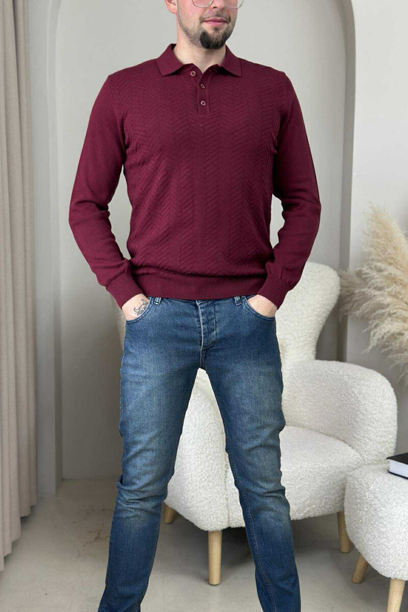 POLO BUTTONED NECK ONE COLOR MEN SWEATER BURGUNDY/VISHNJE - 1