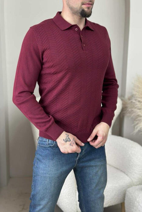 POLO BUTTONED NECK ONE COLOR MEN SWEATER BURGUNDY/VISHNJE - 2
