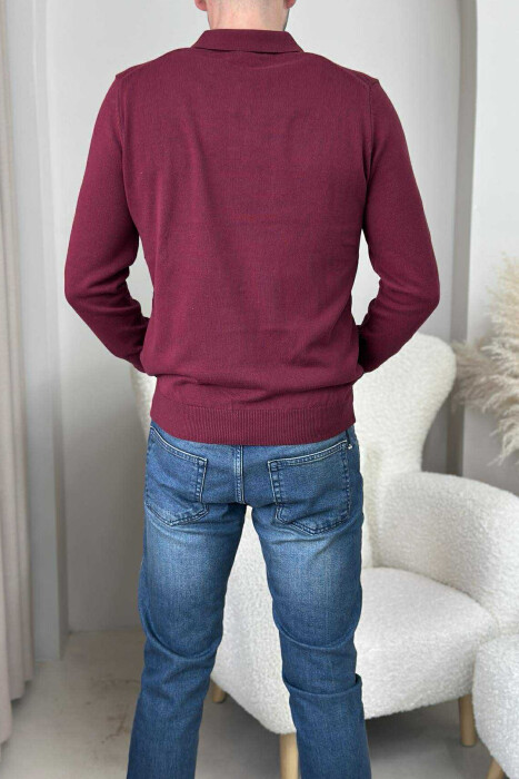 POLO BUTTONED NECK ONE COLOR MEN SWEATER BURGUNDY/VISHNJE - 3