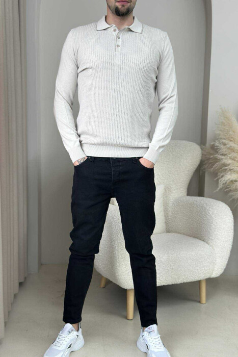 POLO BUTTONED NECK ONE COLOR MEN SWEATER CREAM/KREM - 1