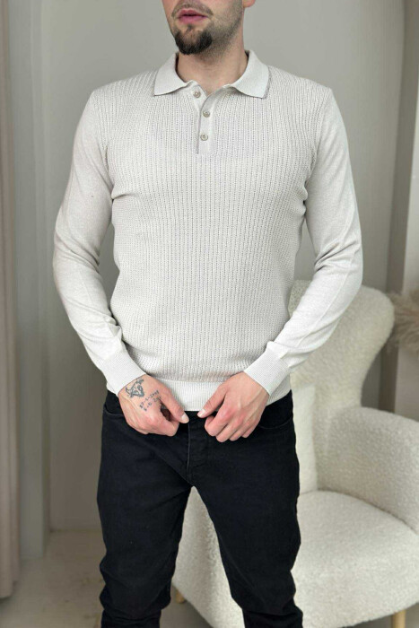 POLO BUTTONED NECK ONE COLOR MEN SWEATER CREAM/KREM - 2