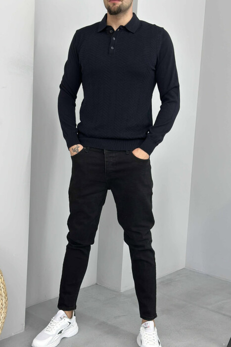 POLO BUTTONED NECK ONE COLOR MEN SWEATER DARK BLUE/BEE - 1