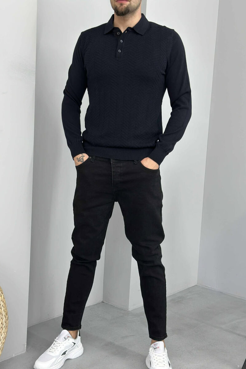 POLO BUTTONED NECK ONE COLOR MEN SWEATER DARK BLUE/BEE - 1