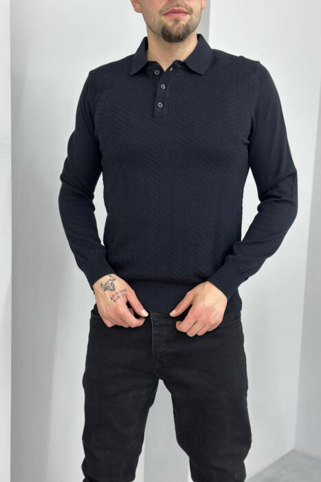 POLO BUTTONED NECK ONE COLOR MEN SWEATER DARK BLUE/BEE - 2