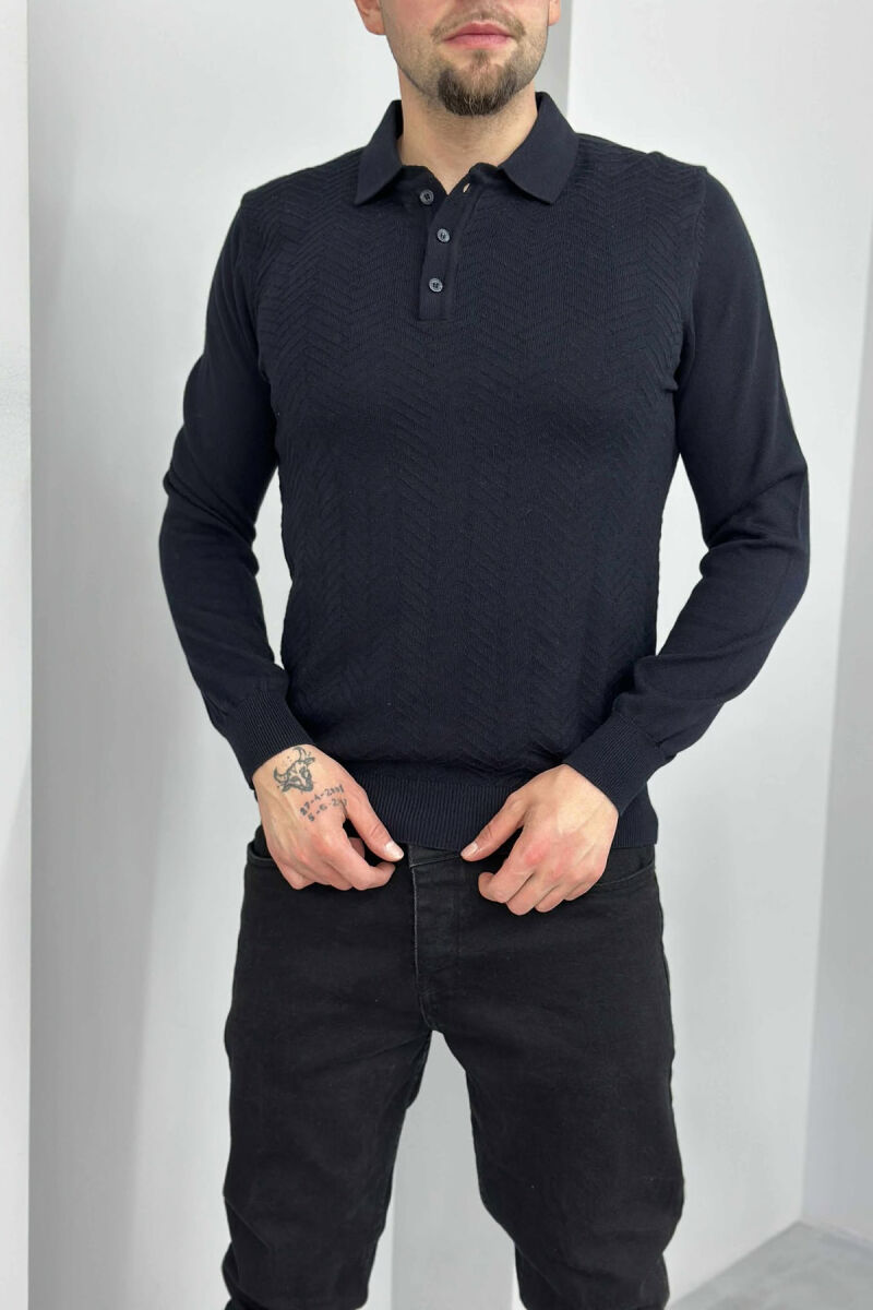 POLO BUTTONED NECK ONE COLOR MEN SWEATER DARK BLUE/BEE - 2