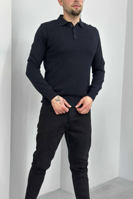 POLO BUTTONED NECK ONE COLOR MEN SWEATER DARK BLUE/BEE - 4