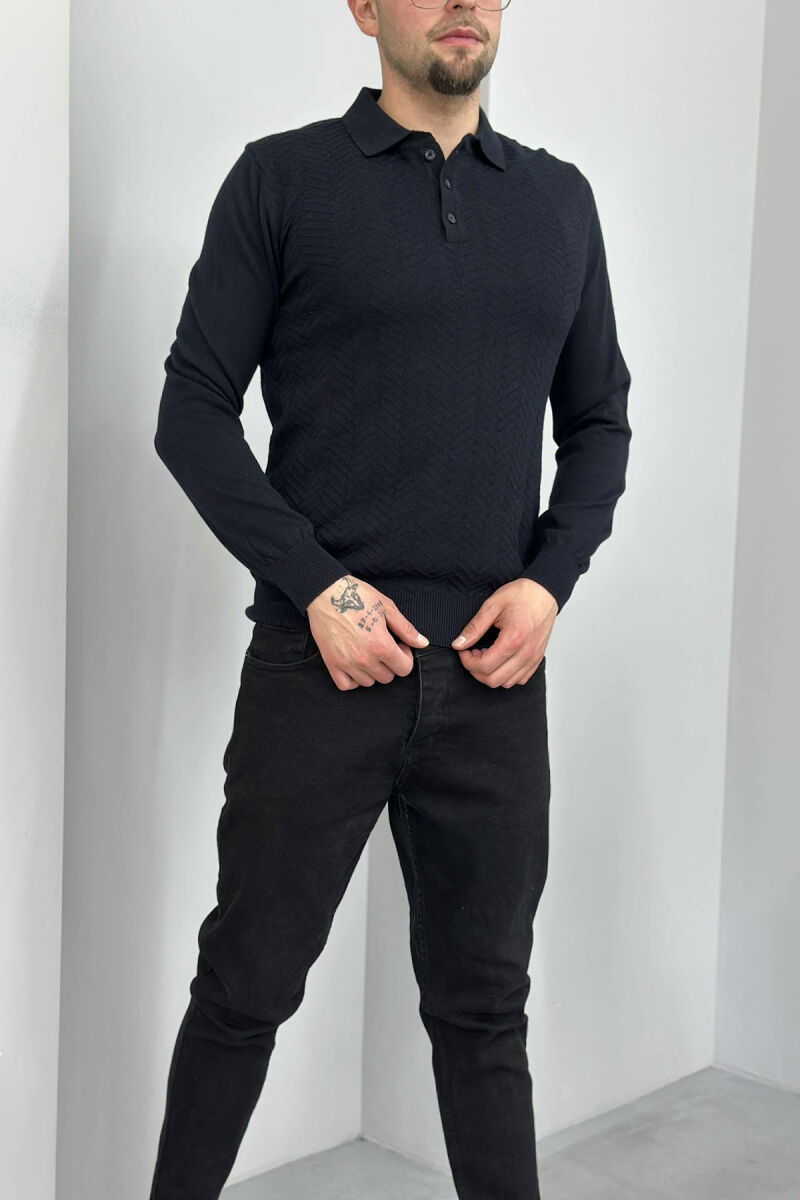 POLO BUTTONED NECK ONE COLOR MEN SWEATER DARK BLUE/BEE - 4