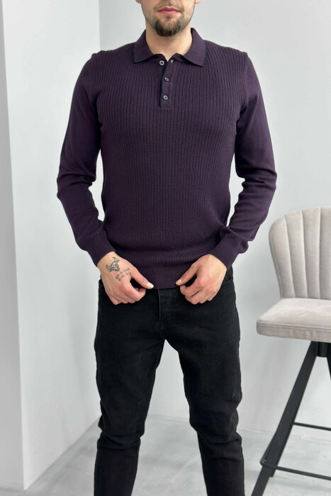 POLO BUTTONED NECK ONE COLOR MEN SWEATER DARK PURPLE/LEJLA ERRET - 3