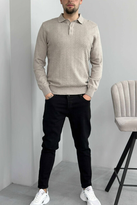 POLO BUTTONED NECK ONE COLOR MEN SWEATER GREY/GRI - 1