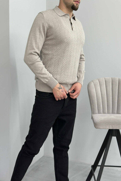 POLO BUTTONED NECK ONE COLOR MEN SWEATER GREY/GRI - 2