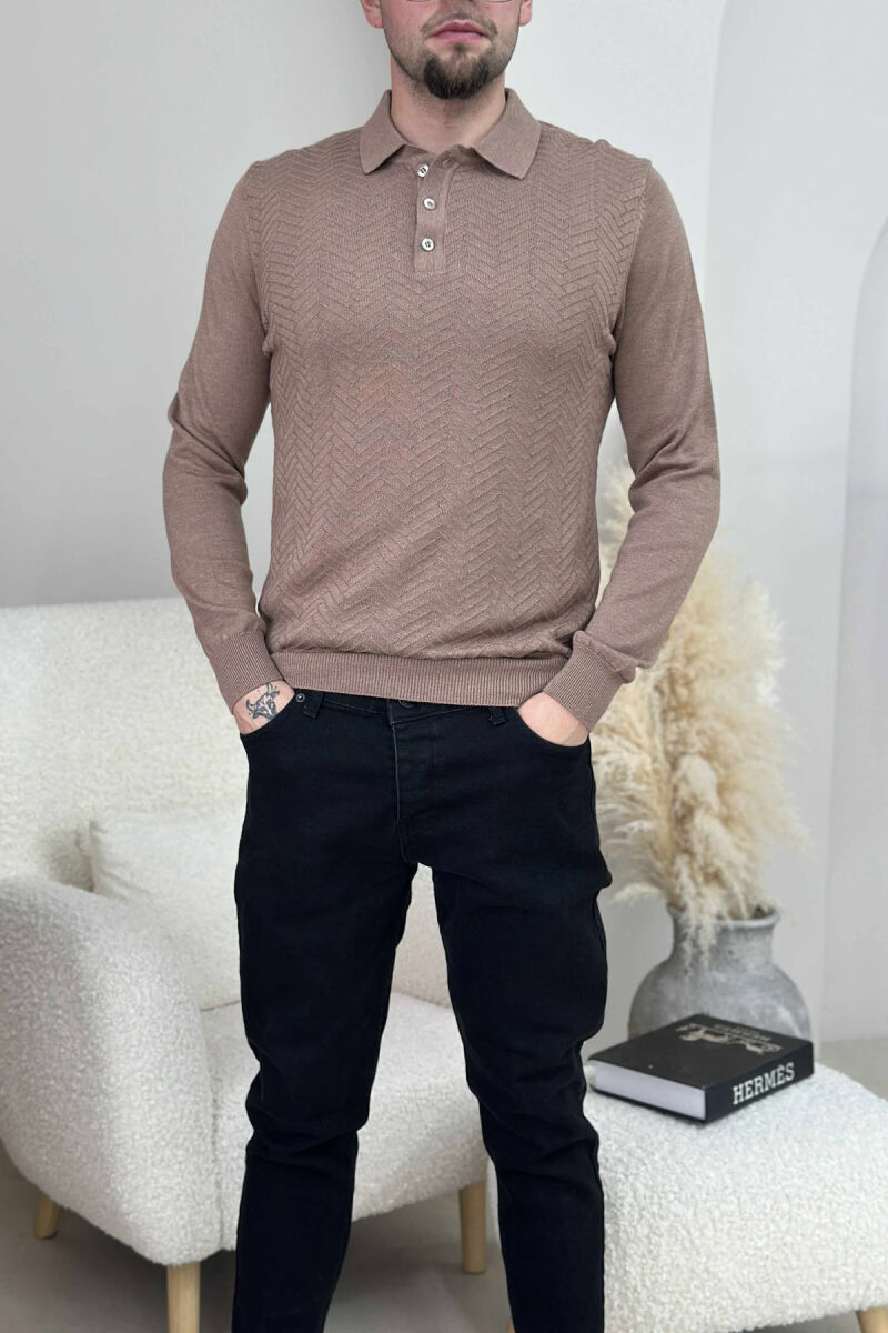 POLO BUTTONED NECK ONE COLOR MEN SWEATER LIGHT BROWN/KAZB - 1