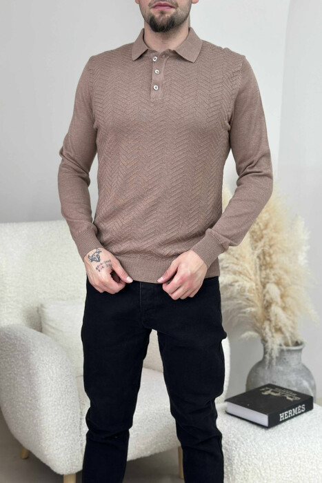 POLO BUTTONED NECK ONE COLOR MEN SWEATER LIGHT BROWN/KAZB - 2