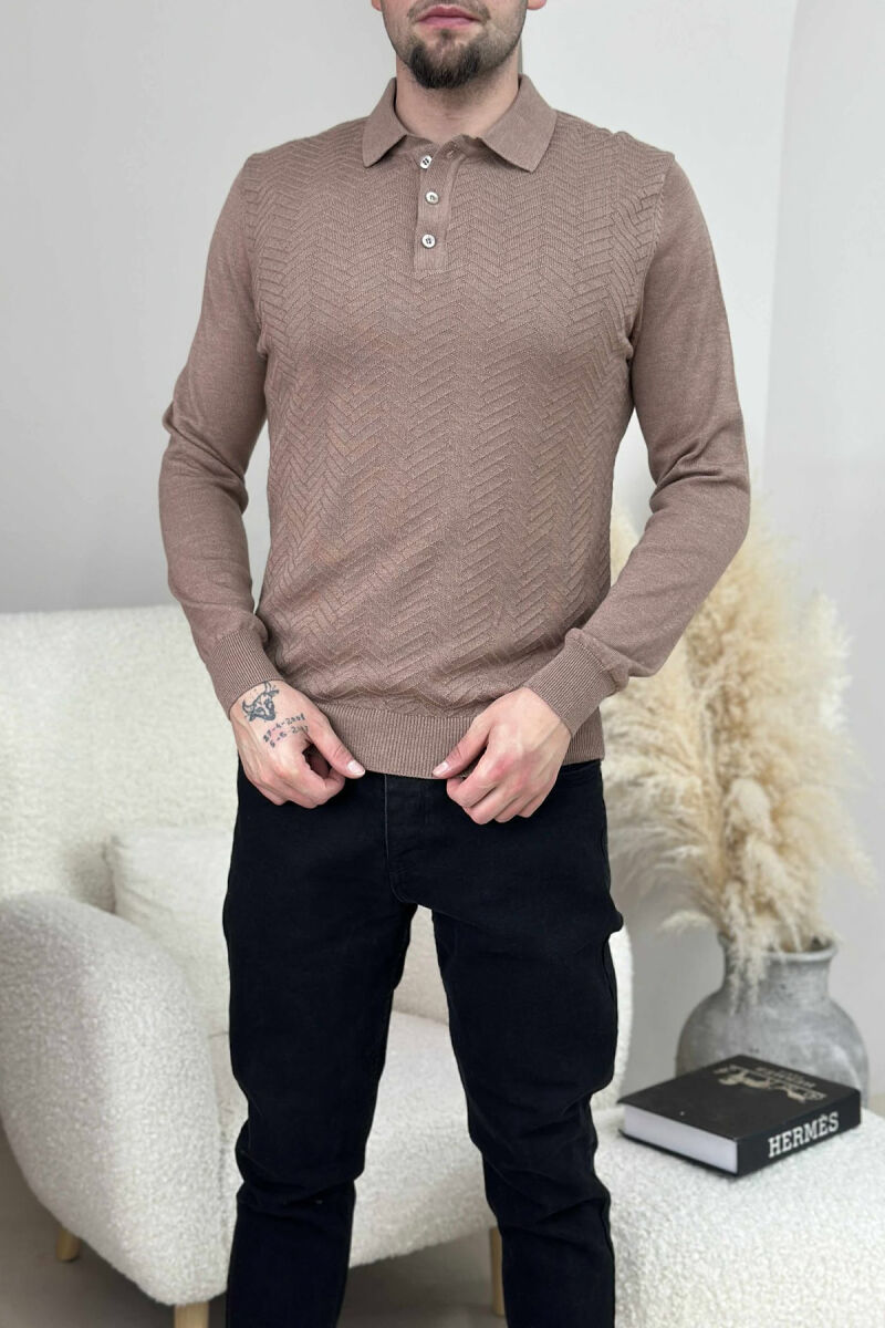 POLO BUTTONED NECK ONE COLOR MEN SWEATER LIGHT BROWN/KAZB - 2