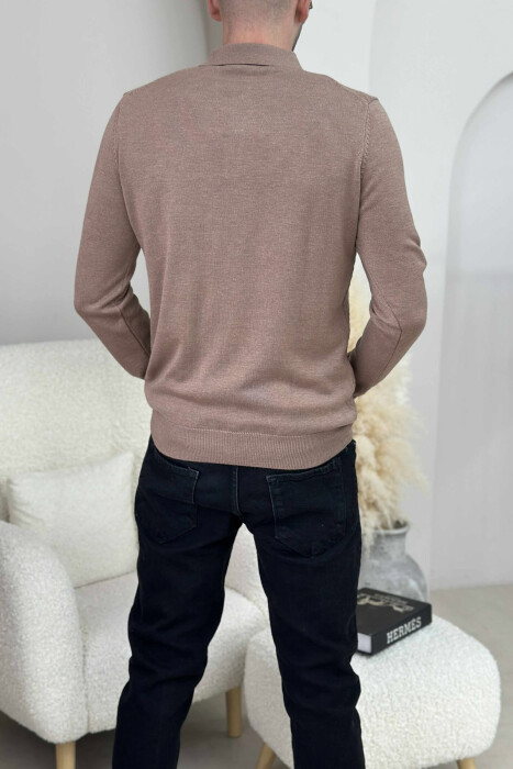 POLO BUTTONED NECK ONE COLOR MEN SWEATER LIGHT BROWN/KAZB - 3