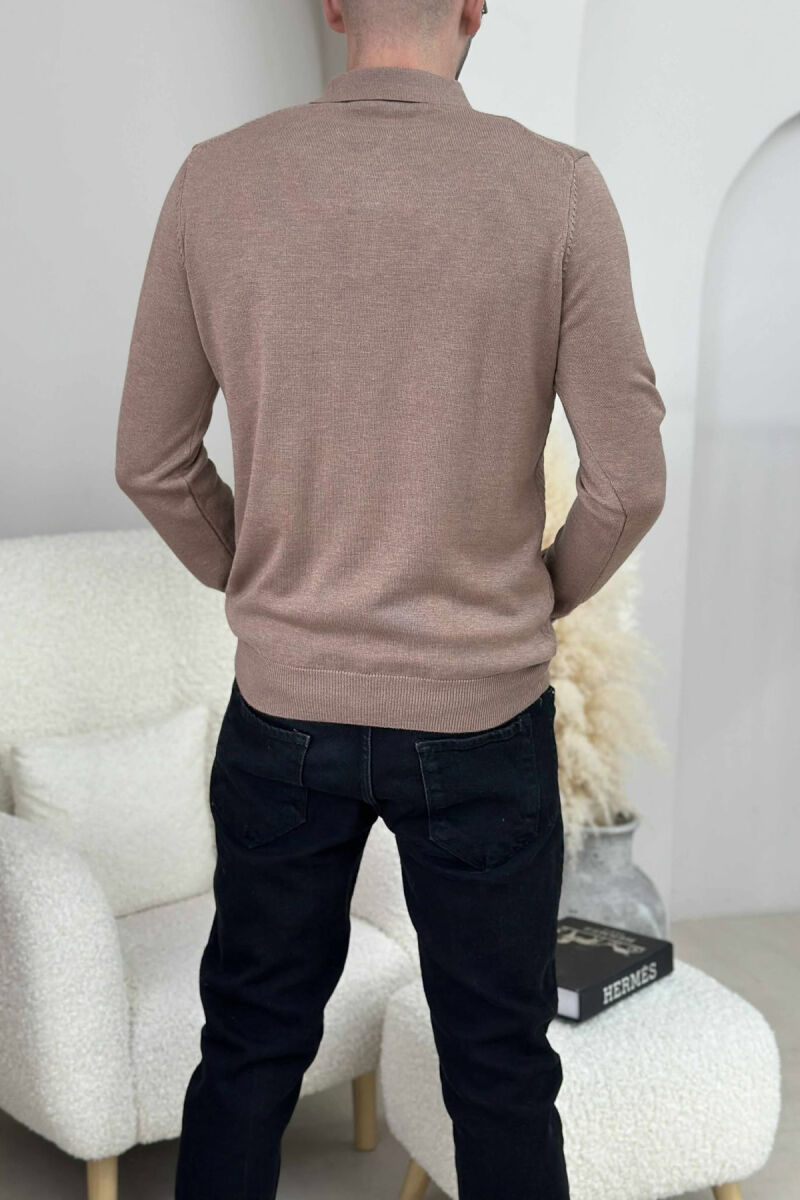 POLO BUTTONED NECK ONE COLOR MEN SWEATER LIGHT BROWN/KAZB - 3