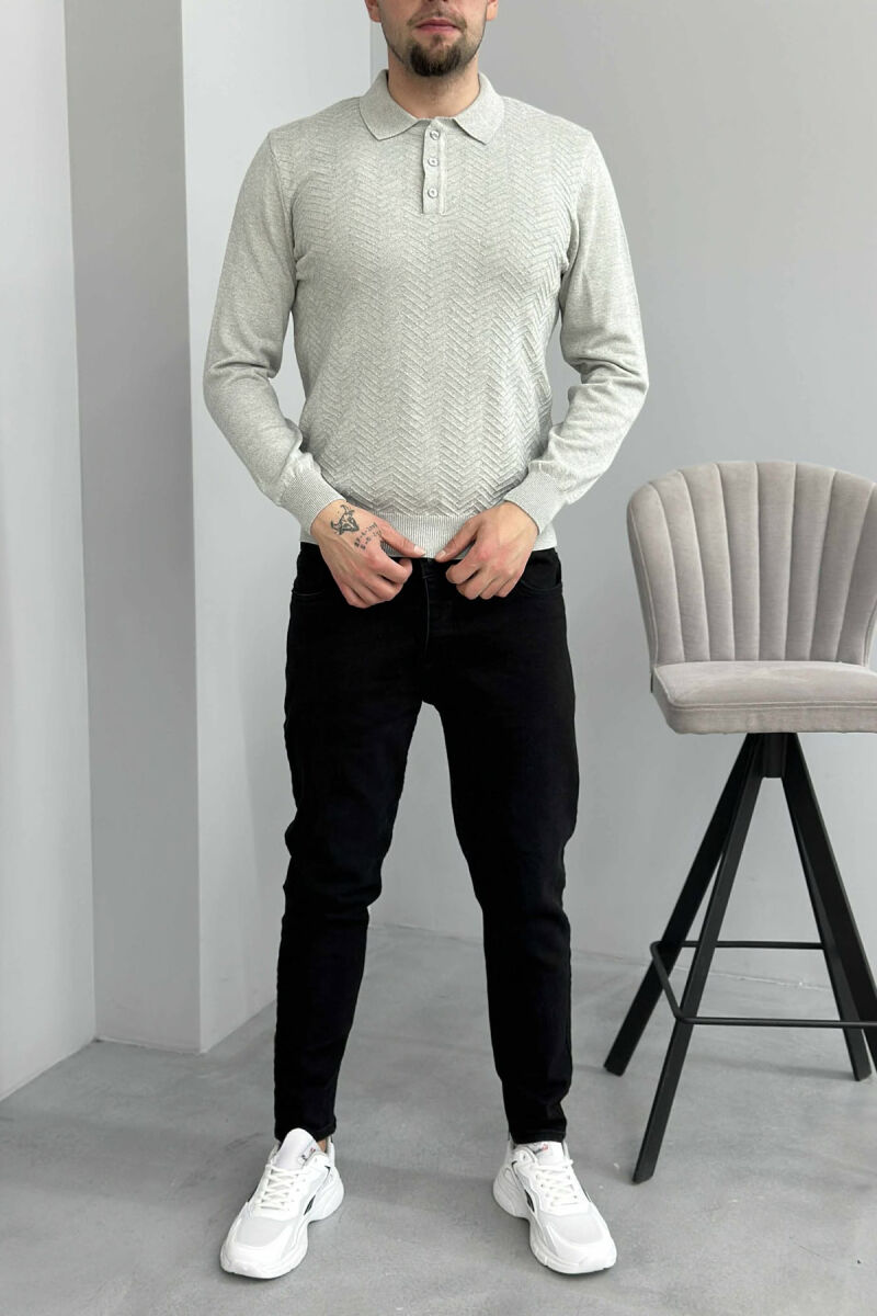 POLO BUTTONED NECK ONE COLOR MEN SWEATER LIGHT GREY/GZ - 1