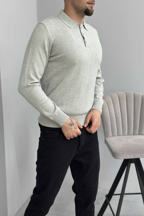 POLO BUTTONED NECK ONE COLOR MEN SWEATER LIGHT GREY/GZ - 2