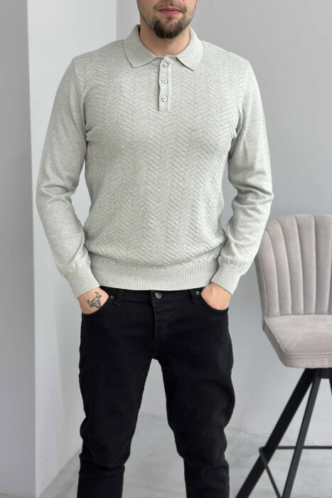 POLO BUTTONED NECK ONE COLOR MEN SWEATER LIGHT GREY/GZ - 3