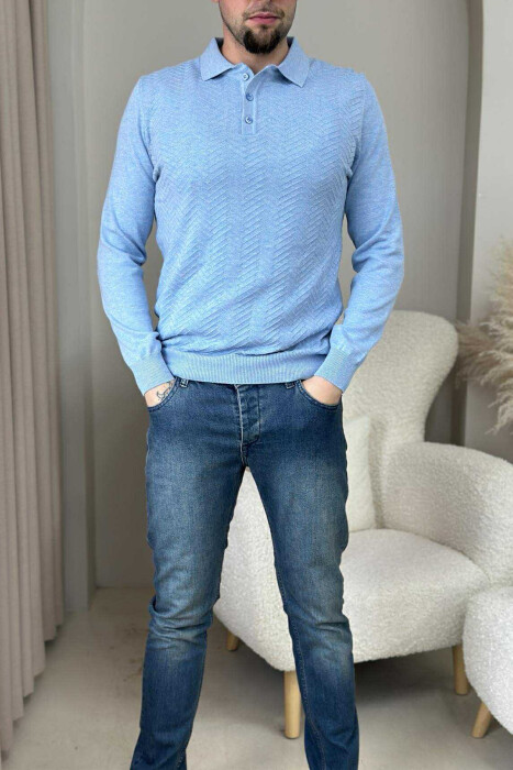 POLO BUTTONED NECK ONE COLOR MEN SWEATER LIGHTBLUE/BZ - 1