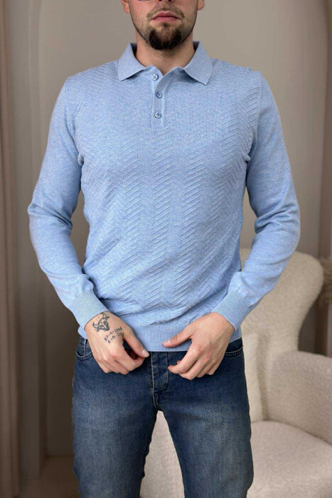 POLO BUTTONED NECK ONE COLOR MEN SWEATER LIGHTBLUE/BZ - 2