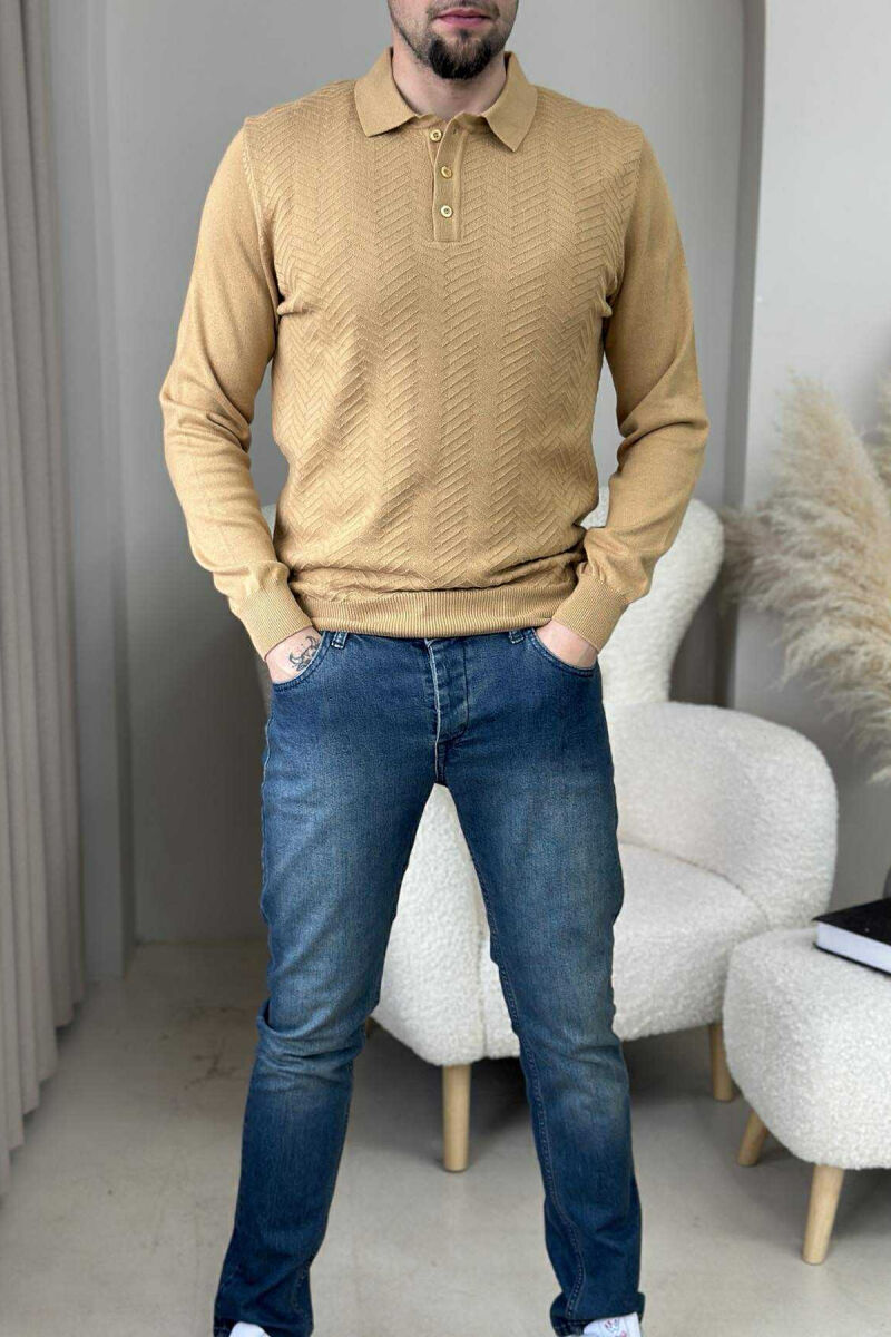 POLO BUTTONED NECK ONE COLOR MEN SWEATER MUSTARD/MUSTARDE - 1