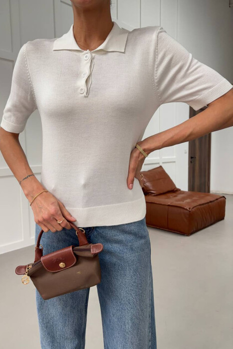 POLO BUTTONED NECK SHORT SLEEVE WOMEN SWEATER CREAM/KREM - KLAUDIO FASHION