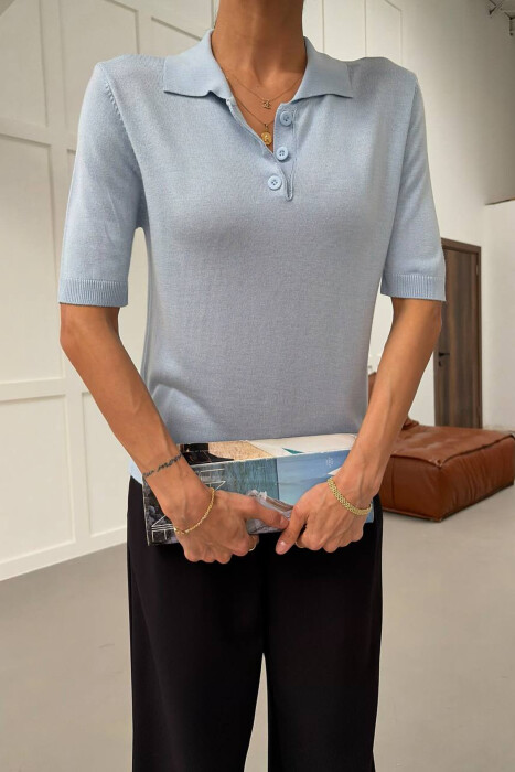 POLO BUTTONED NECK SHORT SLEEVE WOMEN SWEATER LIGHTBLUE/BZ - KLAUDIO FASHION