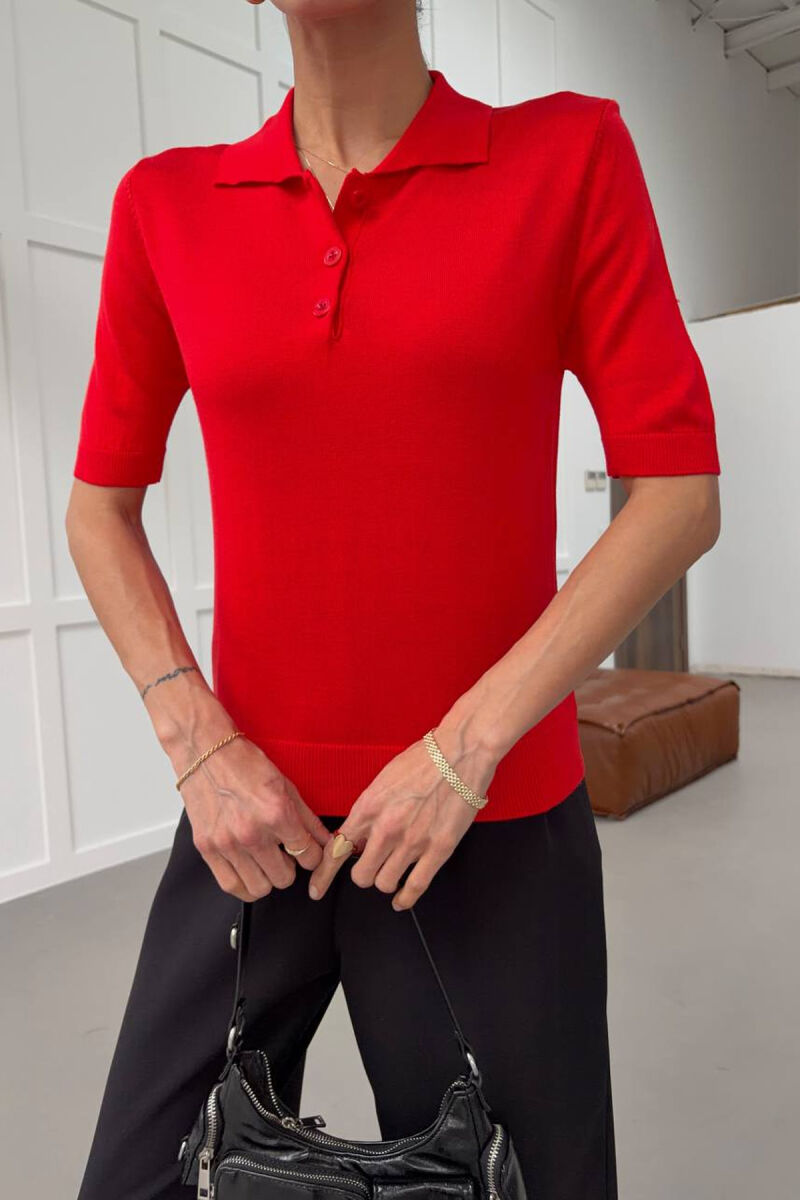 POLO BUTTONED NECK SHORT SLEEVE WOMEN SWEATER RED/E KUQE - 1