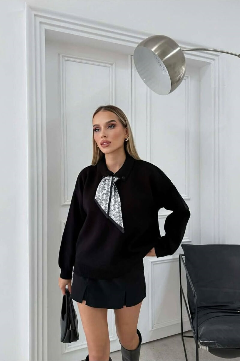 POLO NECK BUTTONED SCARF DETAIL WOMEN SWEATER BLACK/ E ZEZE - 1