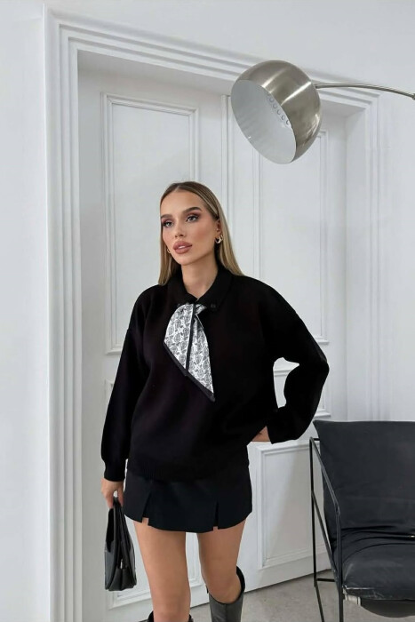 POLO NECK BUTTONED SCARF DETAIL WOMEN SWEATER BLACK/ E ZEZE 