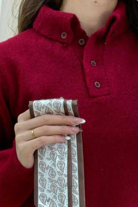 POLO NECK BUTTONED SCARF DETAIL WOMEN SWEATER DARK BURGUNDY/VISHNJE E ERRET - 3