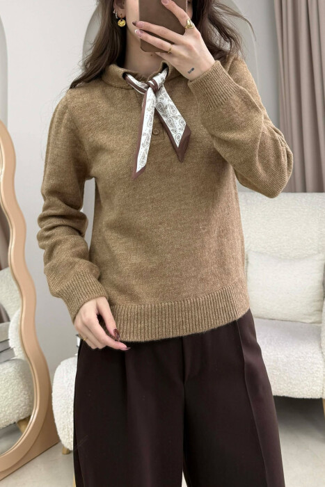 POLO NECK BUTTONED SCARF DETAIL WOMEN SWEATER LIGHT BROWN/KAZB - 1