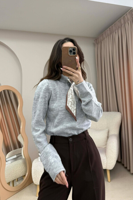 POLO NECK BUTTONED SCARF DETAIL WOMEN SWEATER LIGHT GREY/GZ - 1