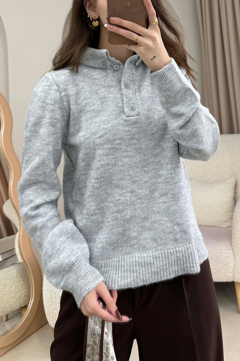 POLO NECK BUTTONED SCARF DETAIL WOMEN SWEATER LIGHT GREY/GZ - 2