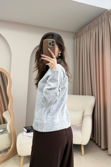 POLO NECK BUTTONED SCARF DETAIL WOMEN SWEATER LIGHT GREY/GZ - 3