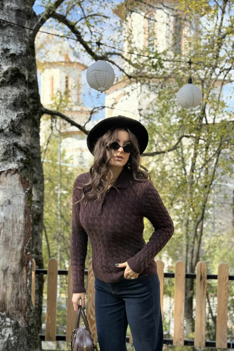 POLO NECK BUTTONED WOMEN SWEATER DARK BROWN/KAE - 3