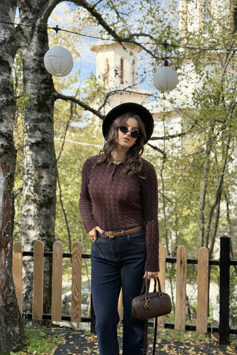 POLO NECK BUTTONED WOMEN SWEATER DARK BROWN/KAE - 2