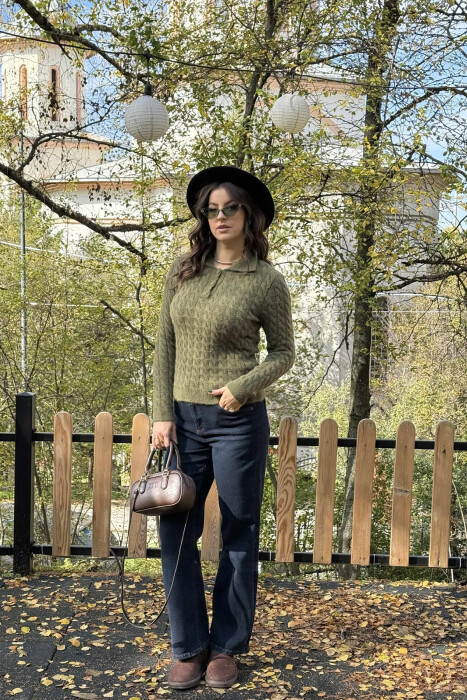 POLO NECK BUTTONED WOMEN SWEATER GREEN/JESHILE - 1