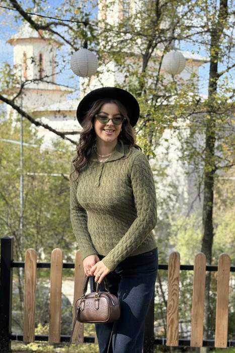 POLO NECK BUTTONED WOMEN SWEATER GREEN/JESHILE - 2