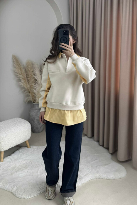 POLO NECK BUTTONS FLUFFY WOMEN SWEATSHIRT BEIGE/BEZHE 