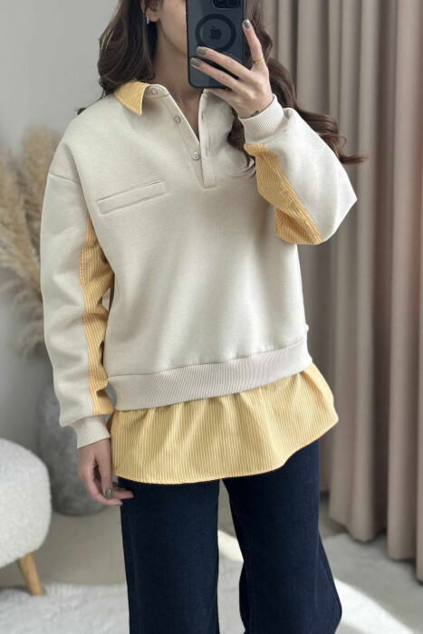 POLO NECK BUTTONS FLUFFY WOMEN SWEATSHIRT BEIGE/BEZHE - 3
