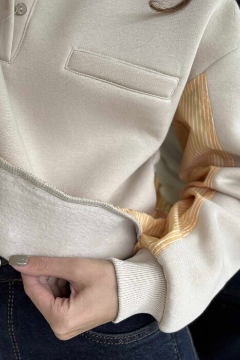 POLO NECK BUTTONS FLUFFY WOMEN SWEATSHIRT BEIGE/BEZHE - 4