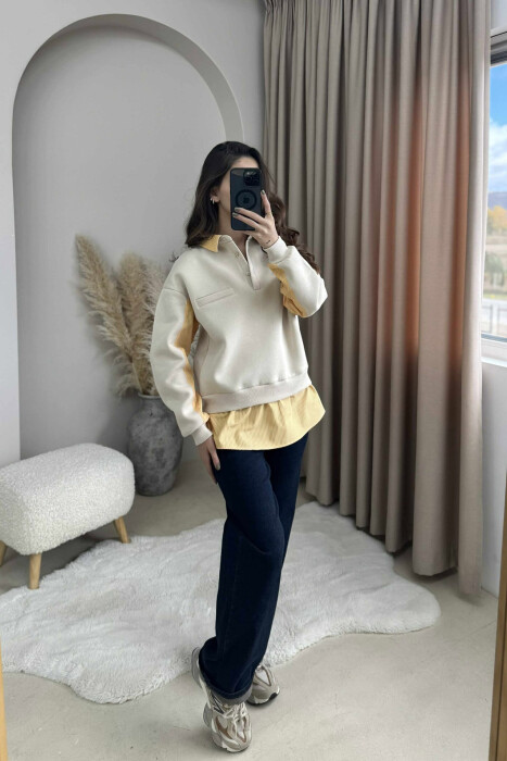 POLO NECK BUTTONS FLUFFY WOMEN SWEATSHIRT BEIGE/BEZHE - 5