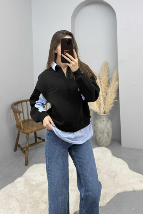 POLO NECK BUTTONS FLUFFY WOMEN SWEATSHIRT BLACK/ E ZEZE - 5